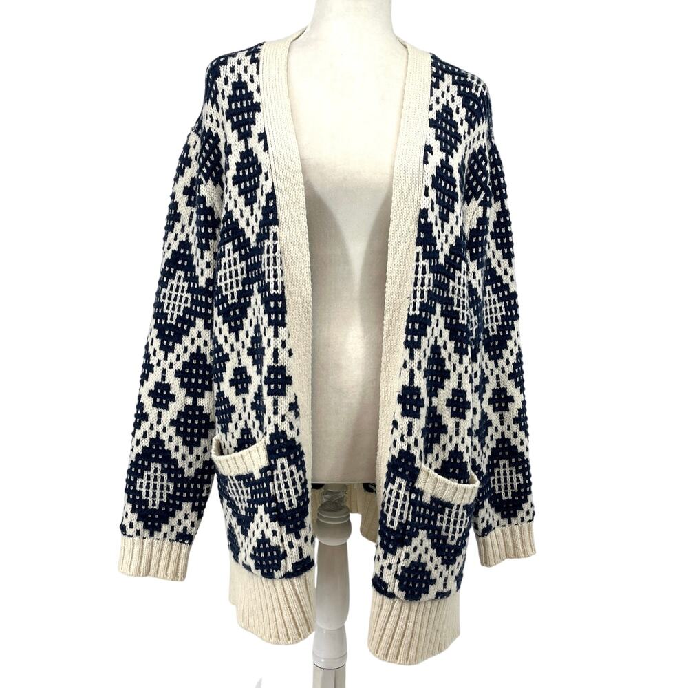 Madewell Women's L Navy White Contrast Fair Isle Cardigan Sweater Geometric